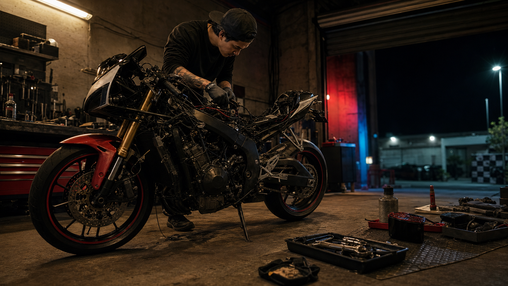 Motocicleta deportiva con tanque desmontado en diagnostico